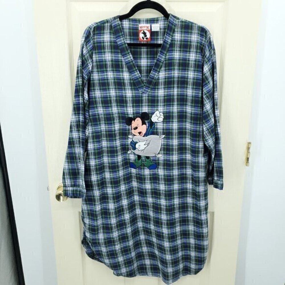 VTG 90s Disney 100% Cotton Flannel Plaid V-Neck Mickey Nightshirt OS Green/Blue - Picture 1 of 15